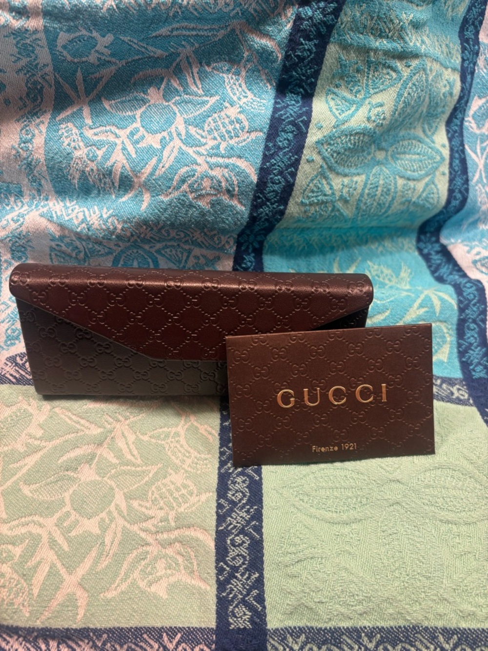 Gucci Brown Embossed Leather Sunglass Case with Authenticity Card